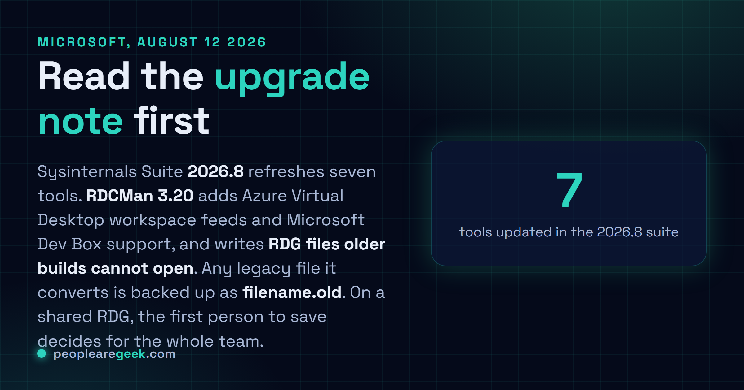 Answer card describing the Sysinternals 2026.8 refresh of August 12, 2026, covering seven tools including RDCMan 3.20, which saves RDG files that older program versions cannot open and backs up legacy files as filename.old.