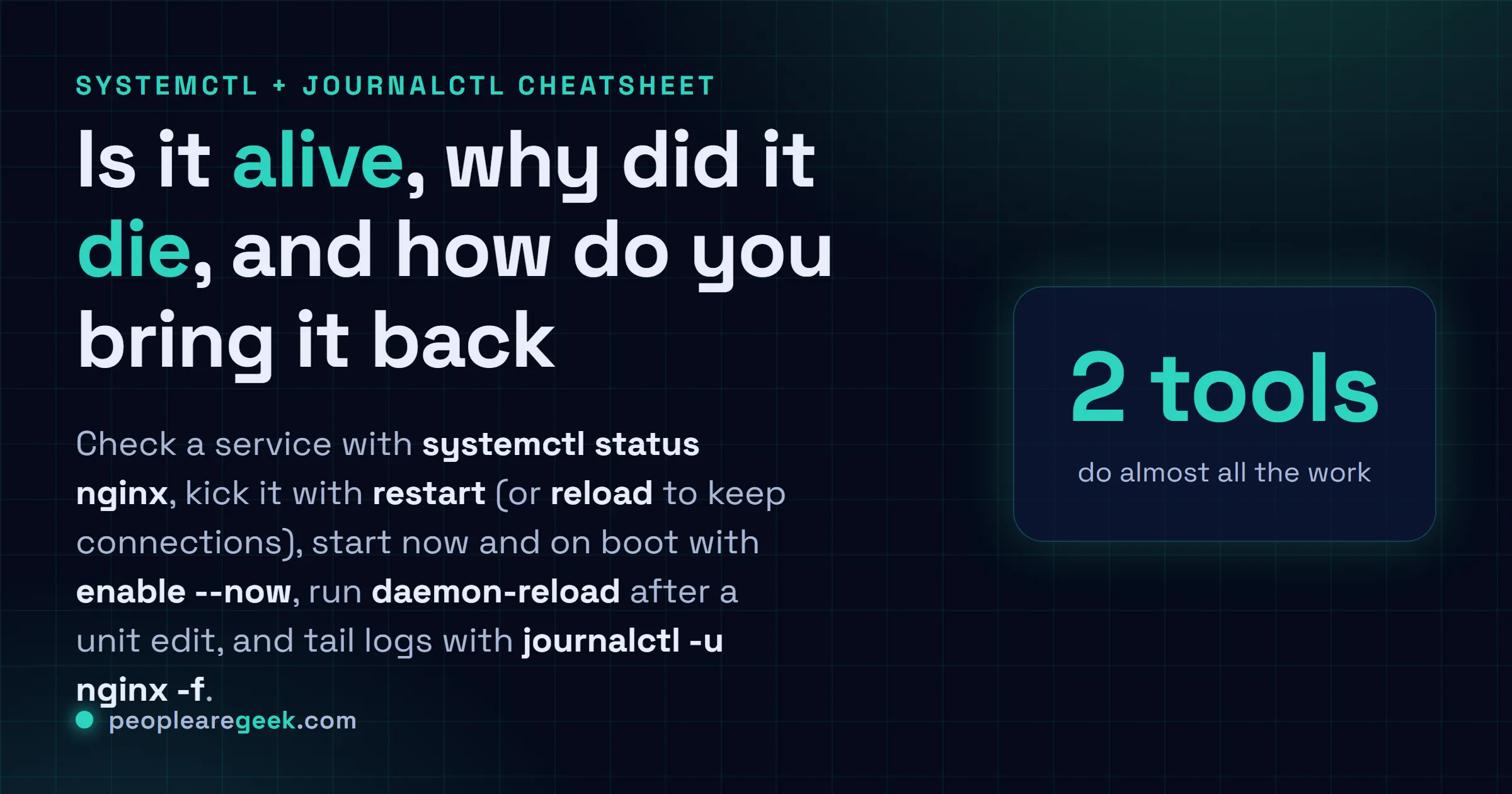 Fiche réponse pour l'antisèche systemctl et journalctl : status pour vérifier un service, restart et reload, enable --now pour démarrer maintenant et au boot, daemon-reload après avoir édité un unit, et journalctl -u NAME -f pour suivre les logs en direct.
