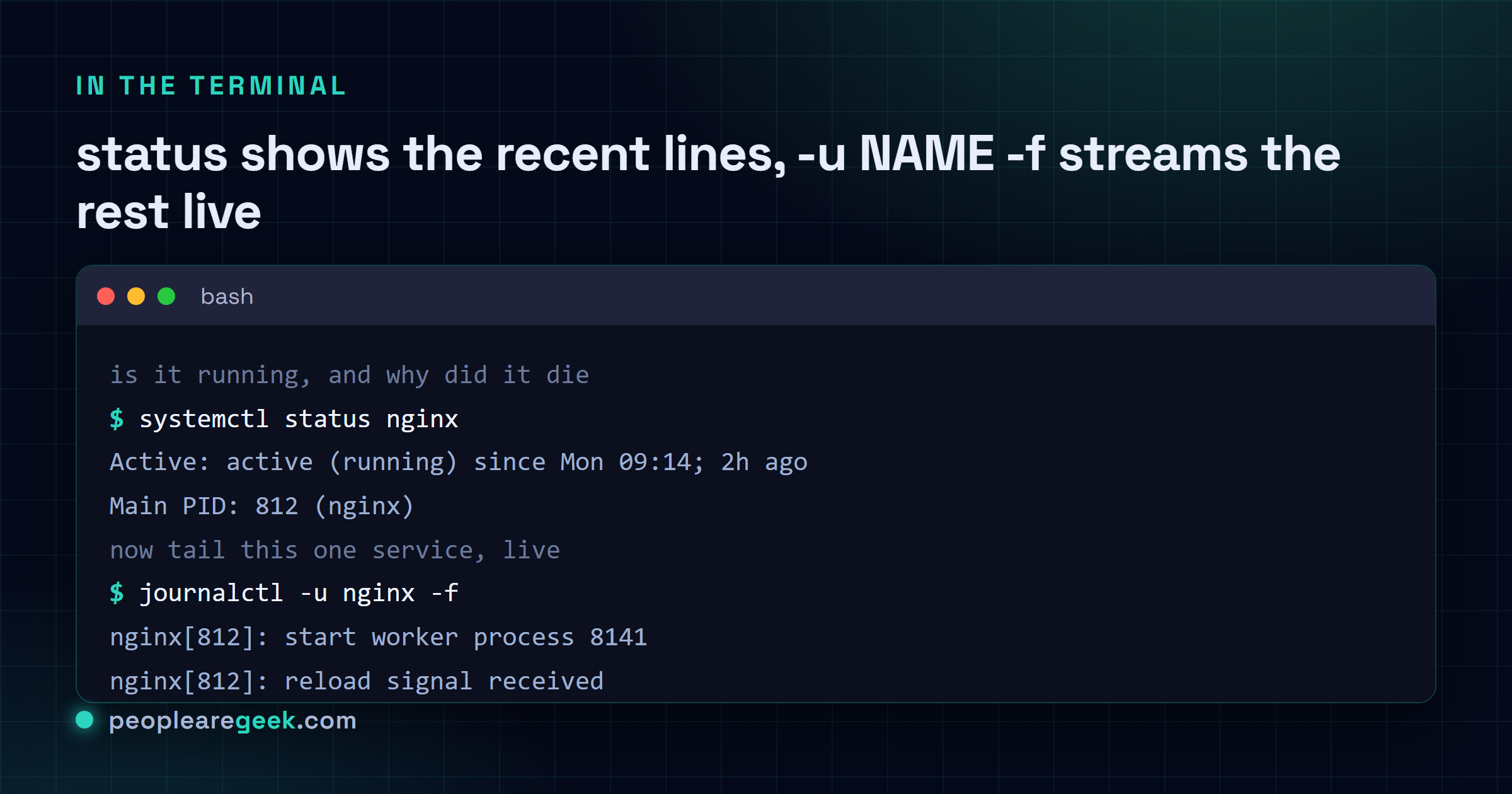 Terminal showing systemctl status reporting an nginx service as active, followed by journalctl -u nginx -f tailing the service log live as new lines arrive.