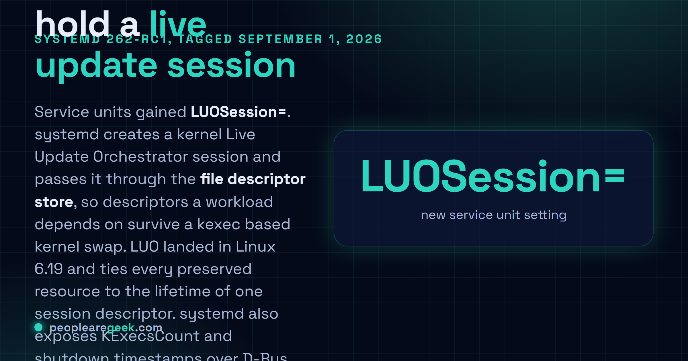 Carte réponse expliquant LUOSession= dans systemd 262-rc1 : une unité de service demande à systemd de créer une session Live Update Orchestrator du noyau, conservée dans le magasin de descripteurs pour que la charge survive à un kexec.