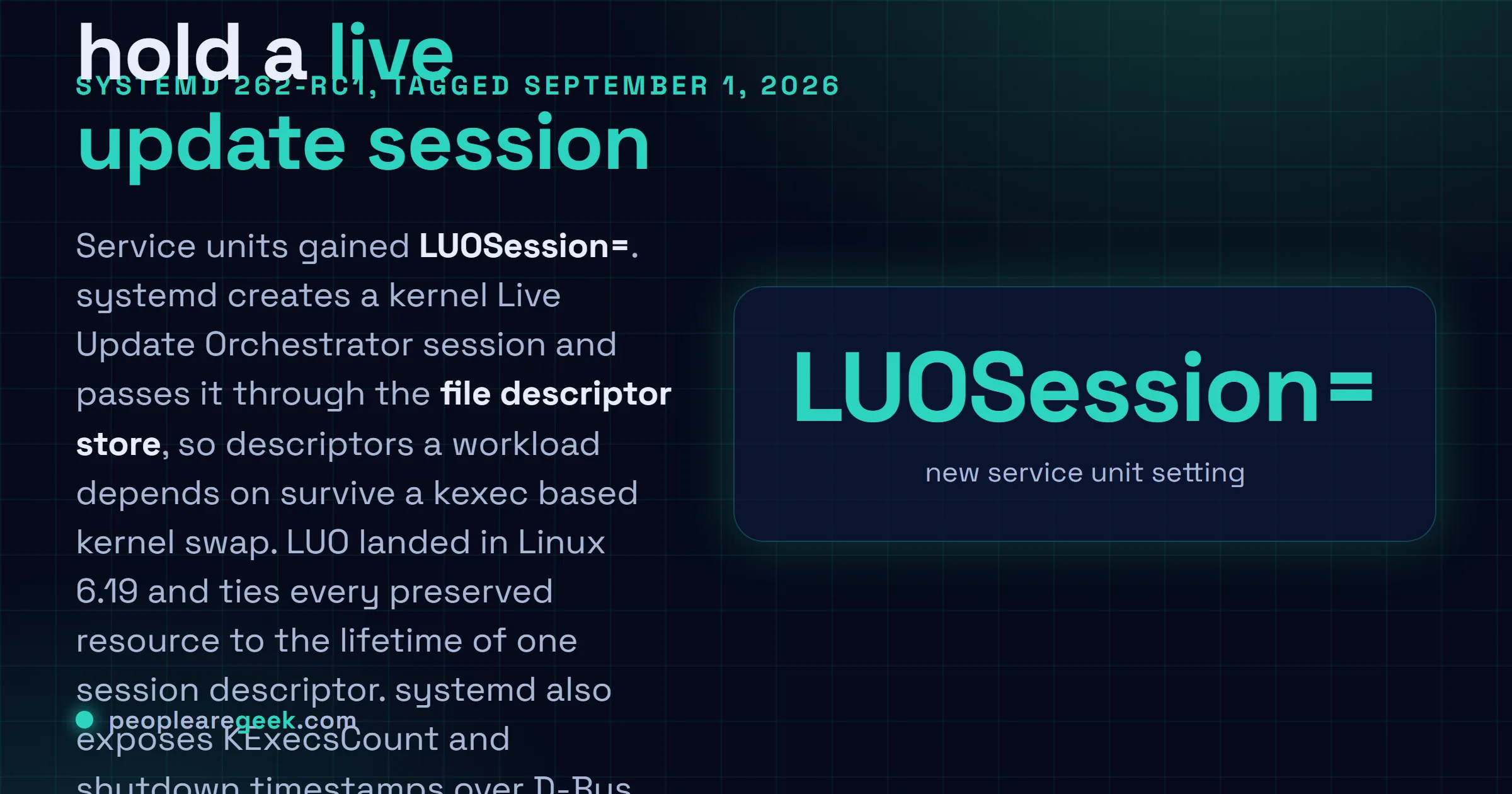 Answer card explaining LUOSession= in systemd 262-rc1: a service unit asks systemd to create a kernel Live Update Orchestrator session, which is kept in the file descriptor store so the workload survives a kexec.
