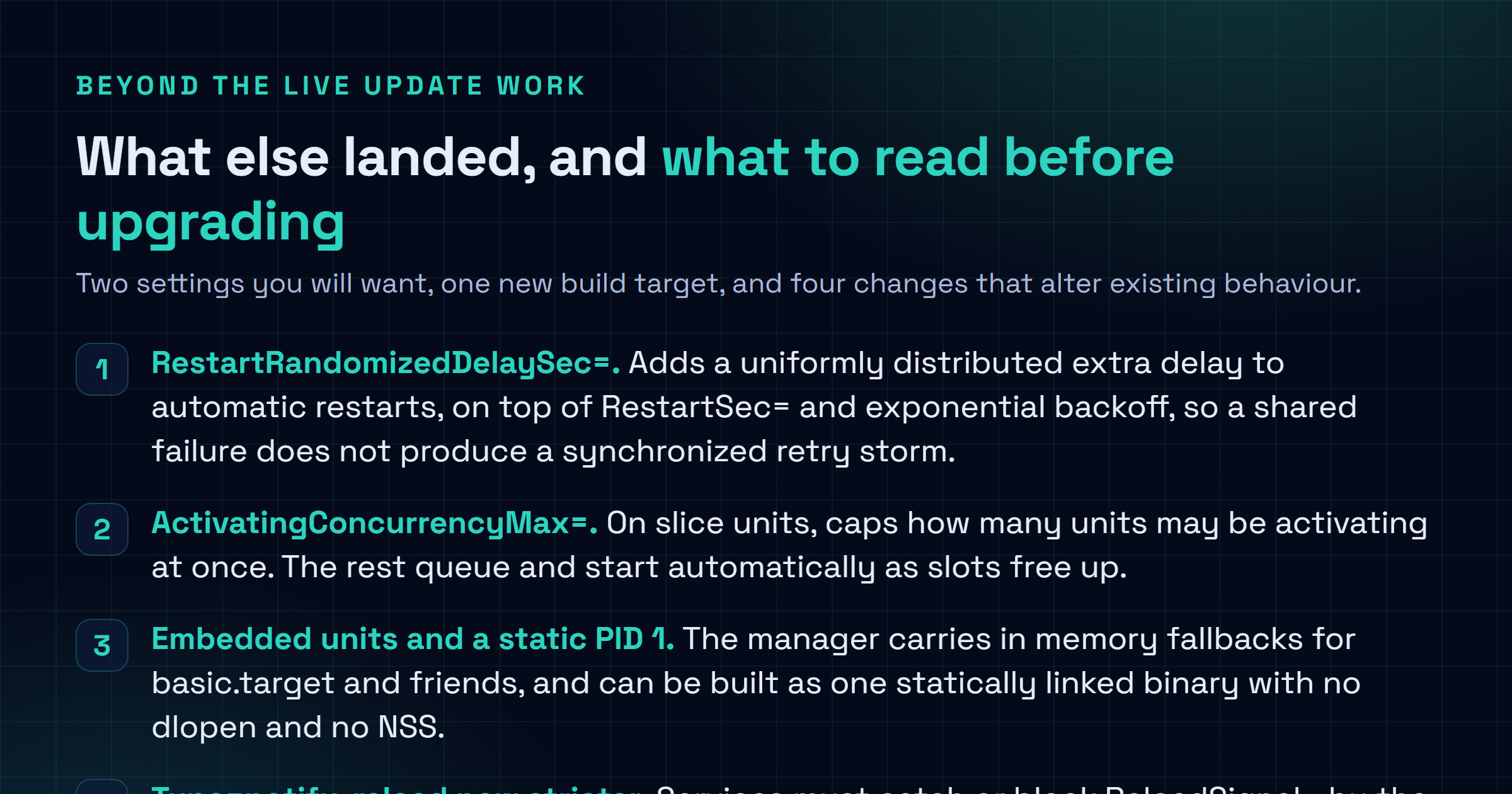 Liste des changements de systemd 262-rc1 : LUOSession et mesure du kexec, unités embarquées de secours, PID 1 lié statiquement pour petits conteneurs, RestartRandomizedDelaySec, ActivatingConcurrencyMax, EnqueueUnitJobMany, ajouts NUMAPolicy, et les ruptures notify-reload et journalctl.