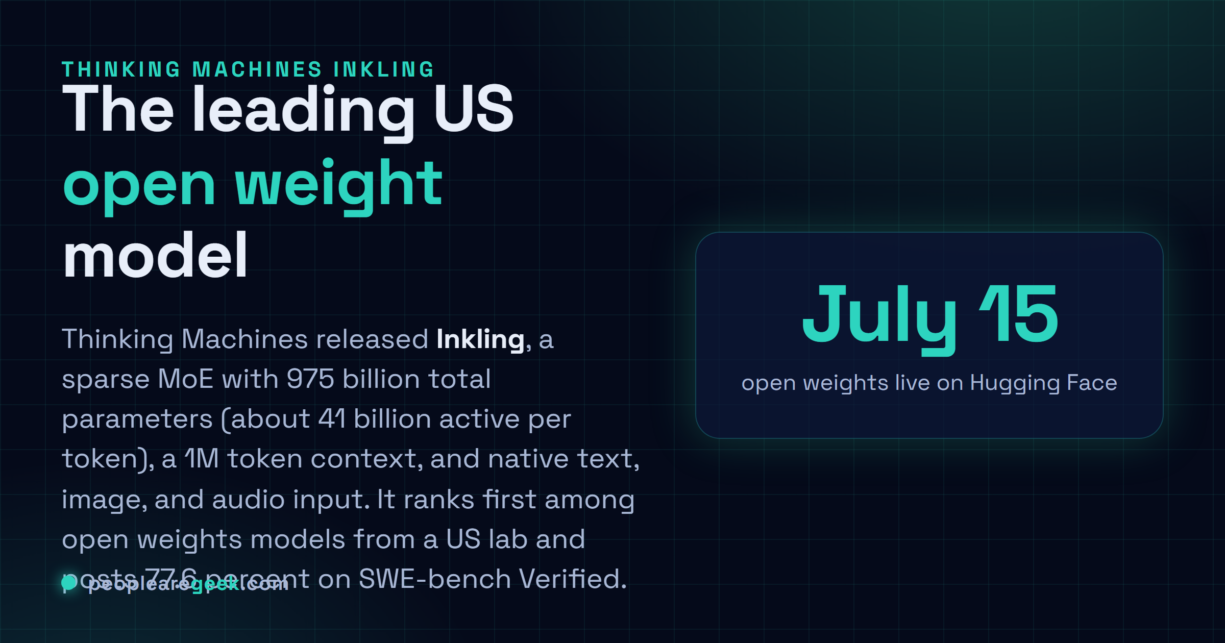 Carte reponse : Thinking Machines a publie Inkling, un modele a melange d'experts ouvert de 975 milliards de parametres, 41 milliards actifs, contexte d'un million de jetons, poids ouverts sur Hugging Face.