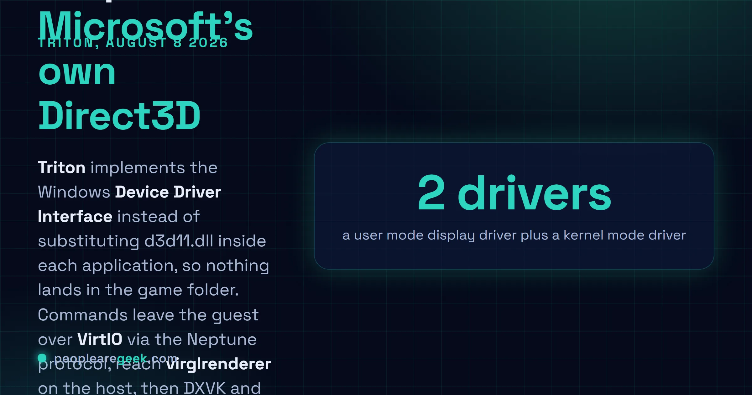 Carte réponse expliquant que Triton est un pilote DirectX 11 pour les invités Windows sous QEMU, qui implémente la Device Driver Interface de Windows sous la forme d'un pilote d'affichage en mode utilisateur et d'un pilote en mode noyau, transportant les commandes Direct3D via VirtIO et le protocole Neptune jusqu'à virglrenderer côté hôte, avec l'aide de Claude Opus 5 et Claude Fable 5 pour le développement.