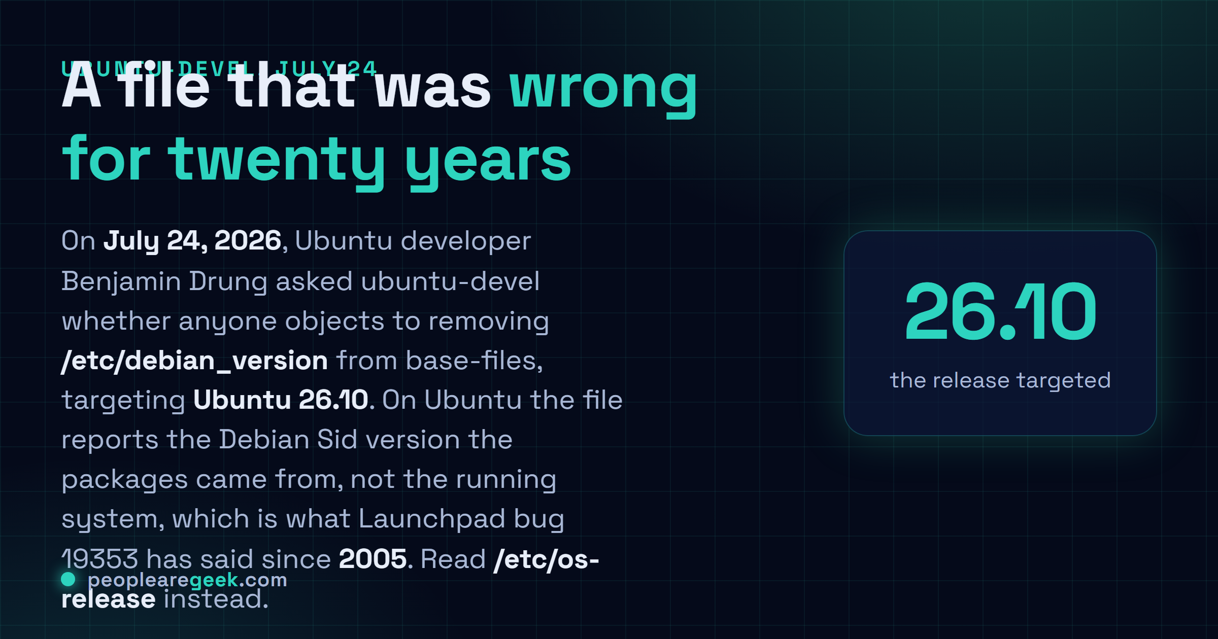 Answer card: on July twenty fourth 2026 Ubuntu developer Benjamin Drung proposed removing /etc/debian_version from base-files, targeting Ubuntu 26.10, closing a Launchpad bug open since 2005, with /etc/os-release as the replacement.