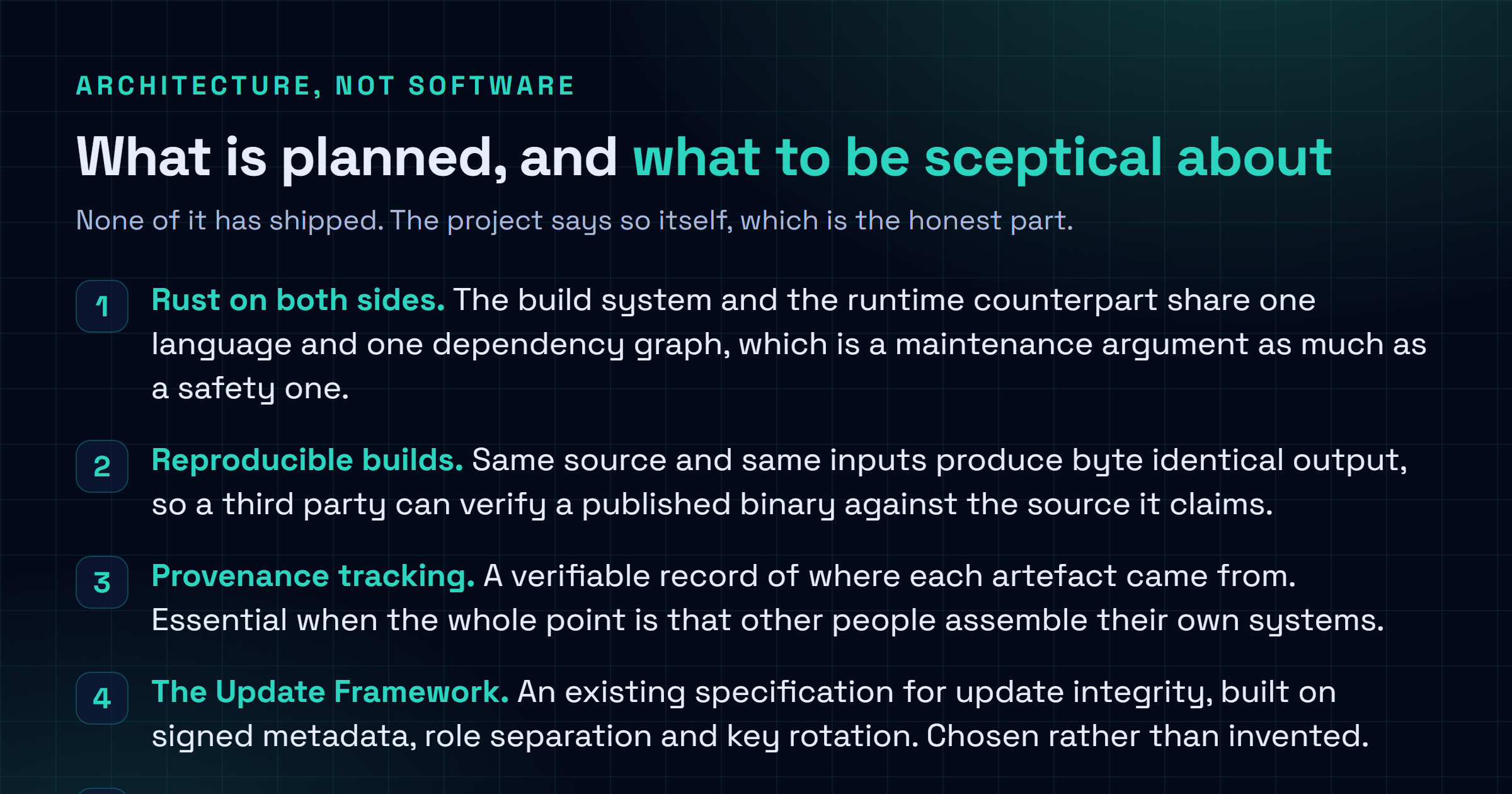 Checklist of The Ur Project design goals: Rust on producer and consumer sides, reproducible builds, provenance tracking, The Update Framework, composition layers, optional atomic updates and containerisation, and more than a thousand packaged projects.
