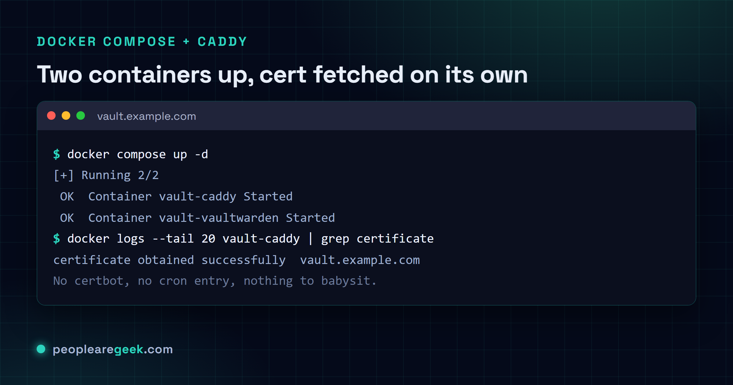 Terminal montrant docker compose up qui met deux conteneurs en ligne, puis un grep sur les logs de Caddy confirmant qu'un certificat Let's Encrypt a été obtenu pour vault.example.com.
