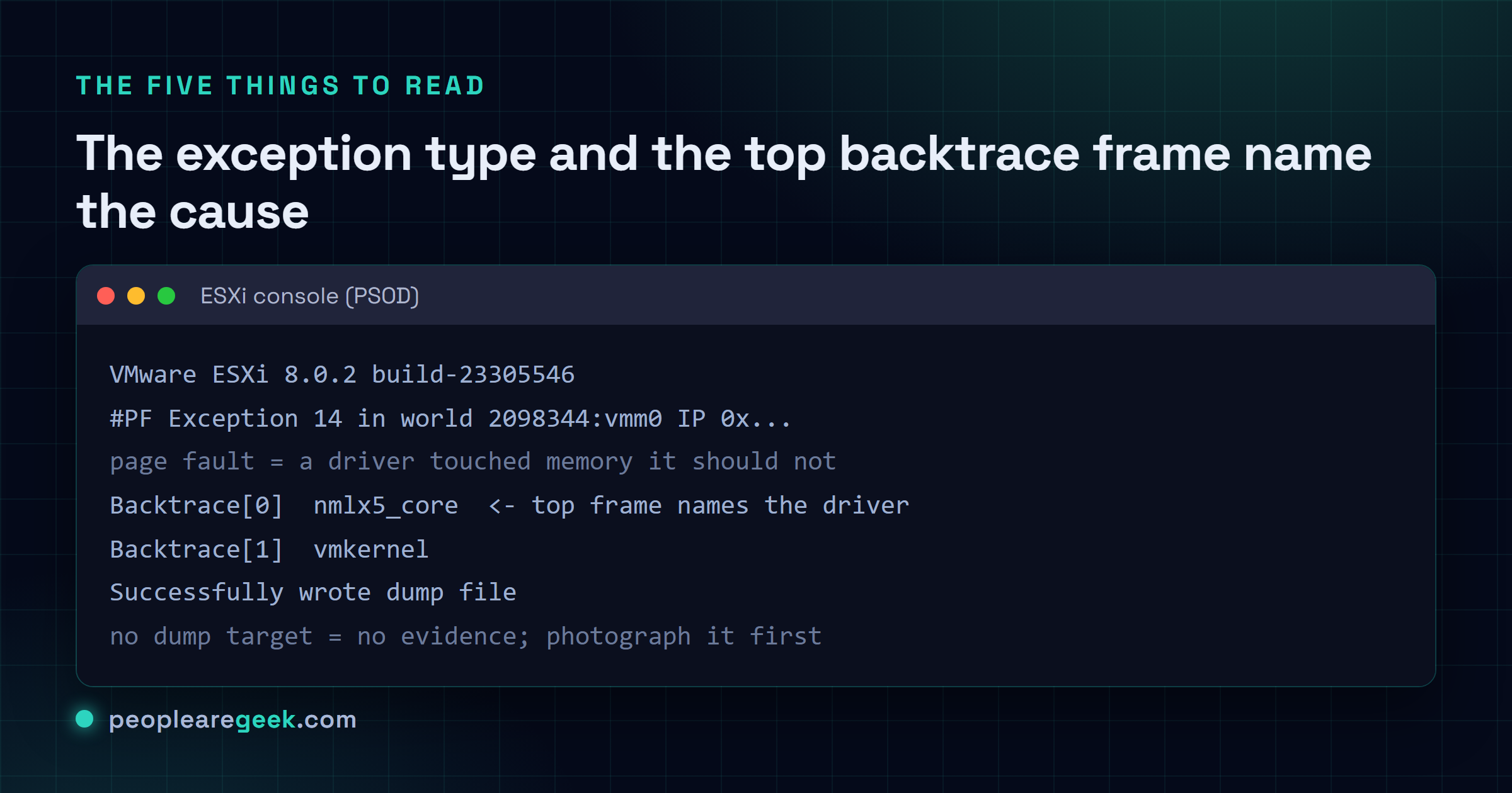 Un écran violet ESXi annoté montrant la version du build, un page fault #PF Exception 14, la première frame du backtrace nommant un driver de storage HBA, et la confirmation d'écriture du core dump.