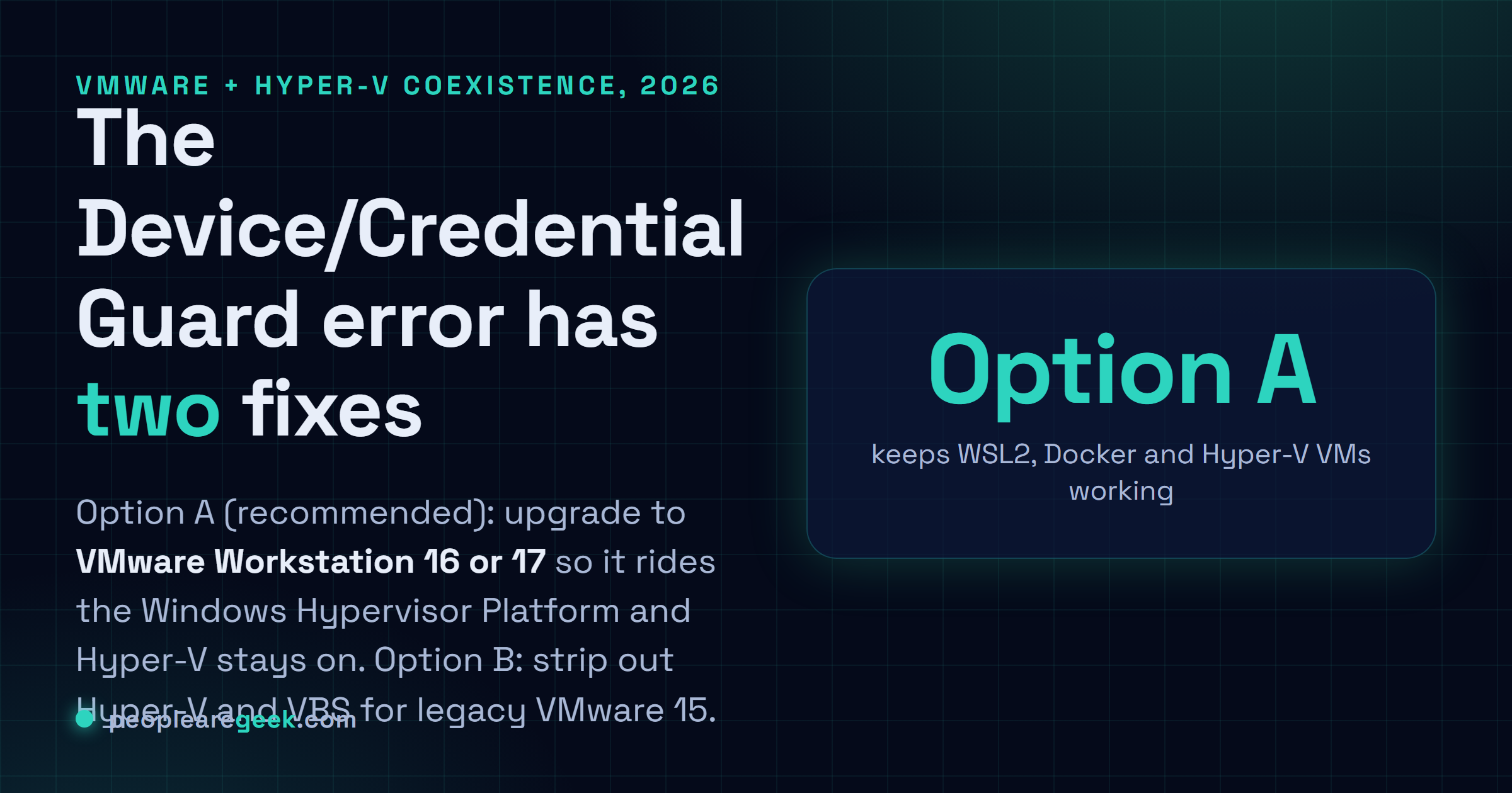 Carte reponse : deux options pour faire tourner VMware Workstation et Hyper-V sur la meme machine, Option A garder Hyper-V et passer VMware en 16+ sur la Windows Hypervisor Platform, Option B desactiver Hyper-V et VBS pour le VMware 15 legacy.