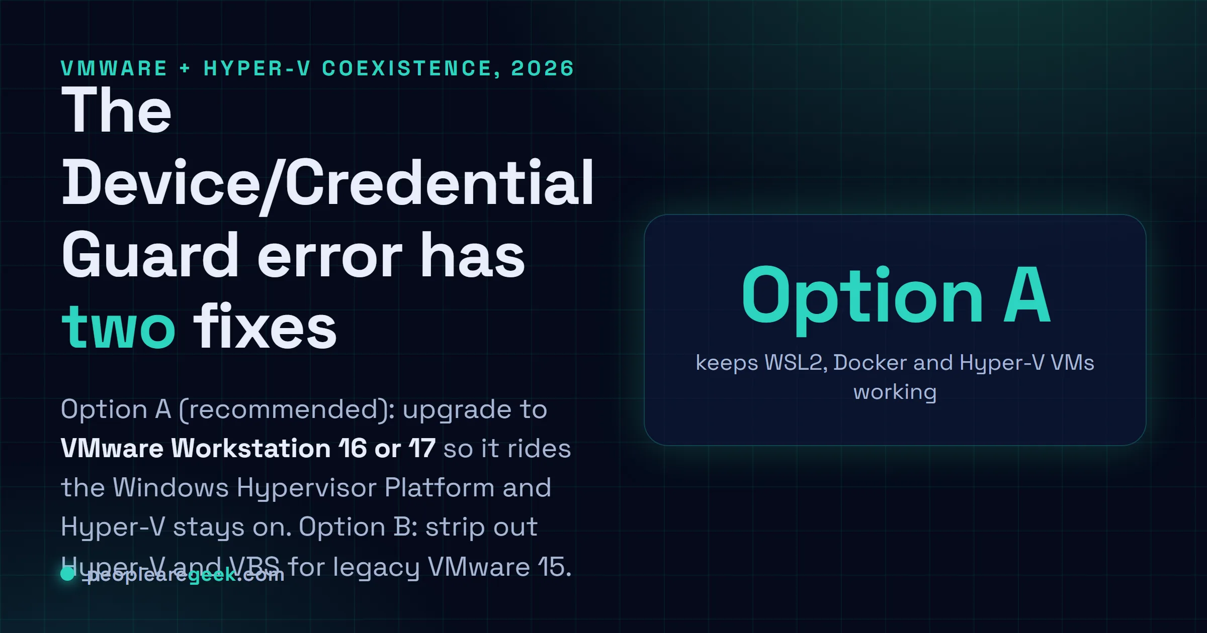 Carte reponse : deux facons de faire tourner VMware Workstation et Hyper-V ensemble, garder Hyper-V et passer VMware en 16+ sur la Windows Hypervisor Platform, ou desactiver Hyper-V et VBS pour le VMware 15 legacy.