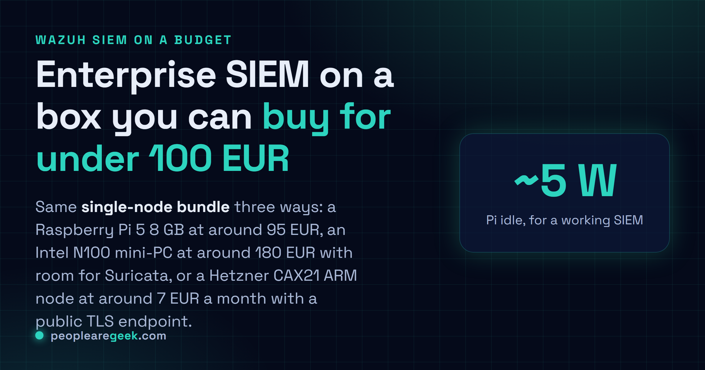 Carte réponse : bundle Wazuh single-node sur un Raspberry Pi 5 sous 100 EUR, un mini-PC Intel N100, ou un nœud cloud ARM Hetzner CAX21 sous 10 EUR par mois.