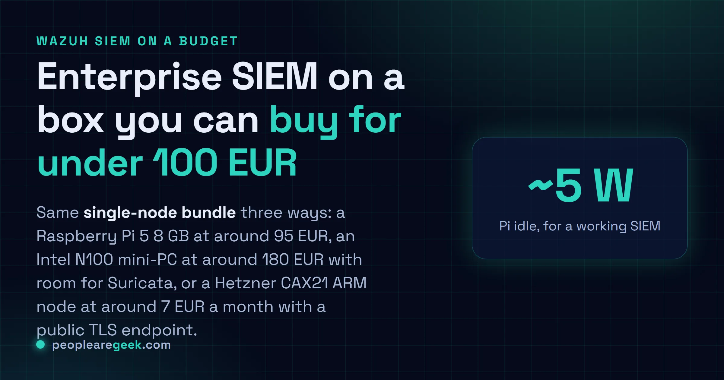 Carte réponse pour Wazuh SIEM à petit budget : un Raspberry Pi 5 sous 100 EUR, un mini-PC Intel N100, ou un nœud cloud ARM Hetzner CAX21 sous 10 EUR par mois, tous avec le bundle single-node.