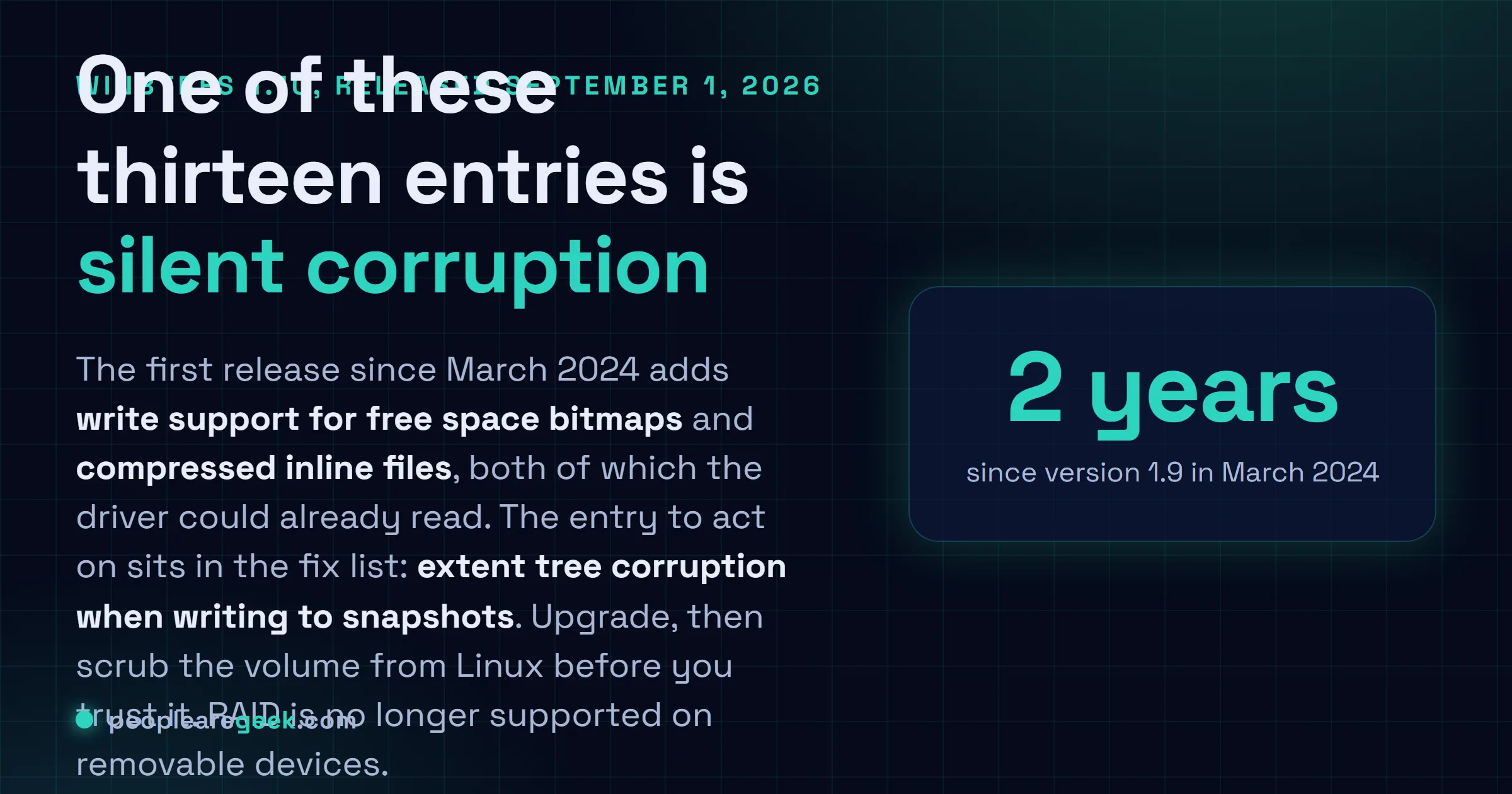 Answer card: WinBtrfs 1.10 shipped on September 1 2026, the first release in two and a half years, fixing extent tree corruption when writing to snapshots and adding write support for free space bitmaps and compressed inline files.