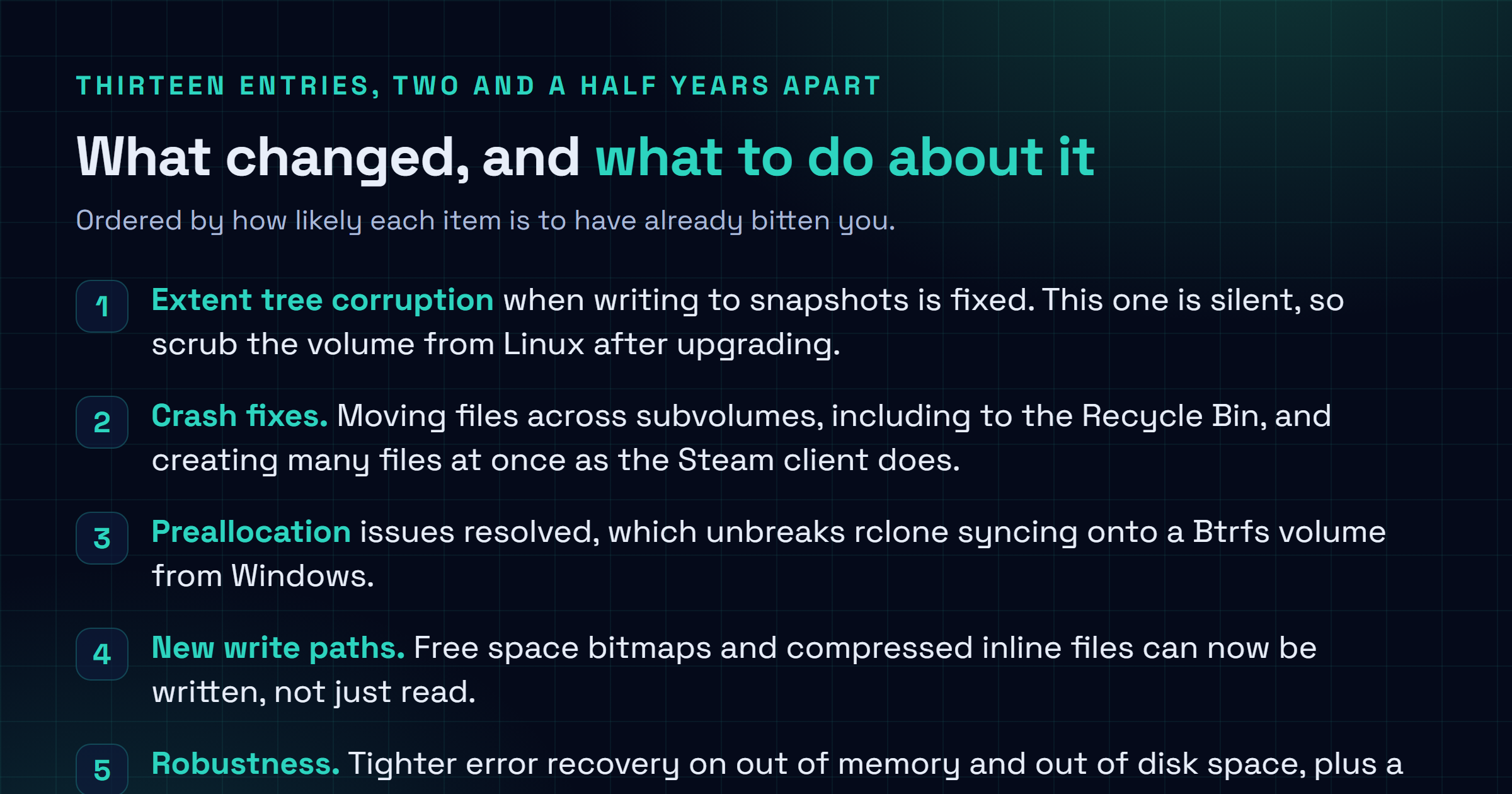 Checklist of WinBtrfs 1.10 changes: write support for free space bitmaps and compressed inline files, improved removable device handling, tighter recovery on out of memory and out of disk, extent tree corruption fix on snapshot writes, Steam and subvolume move crash fixes, rclone preallocation fix, hard link deadlock fix, Registry watch memory corruption fix, multi device usage statistics fix, and the loss of RAID on removable devices.