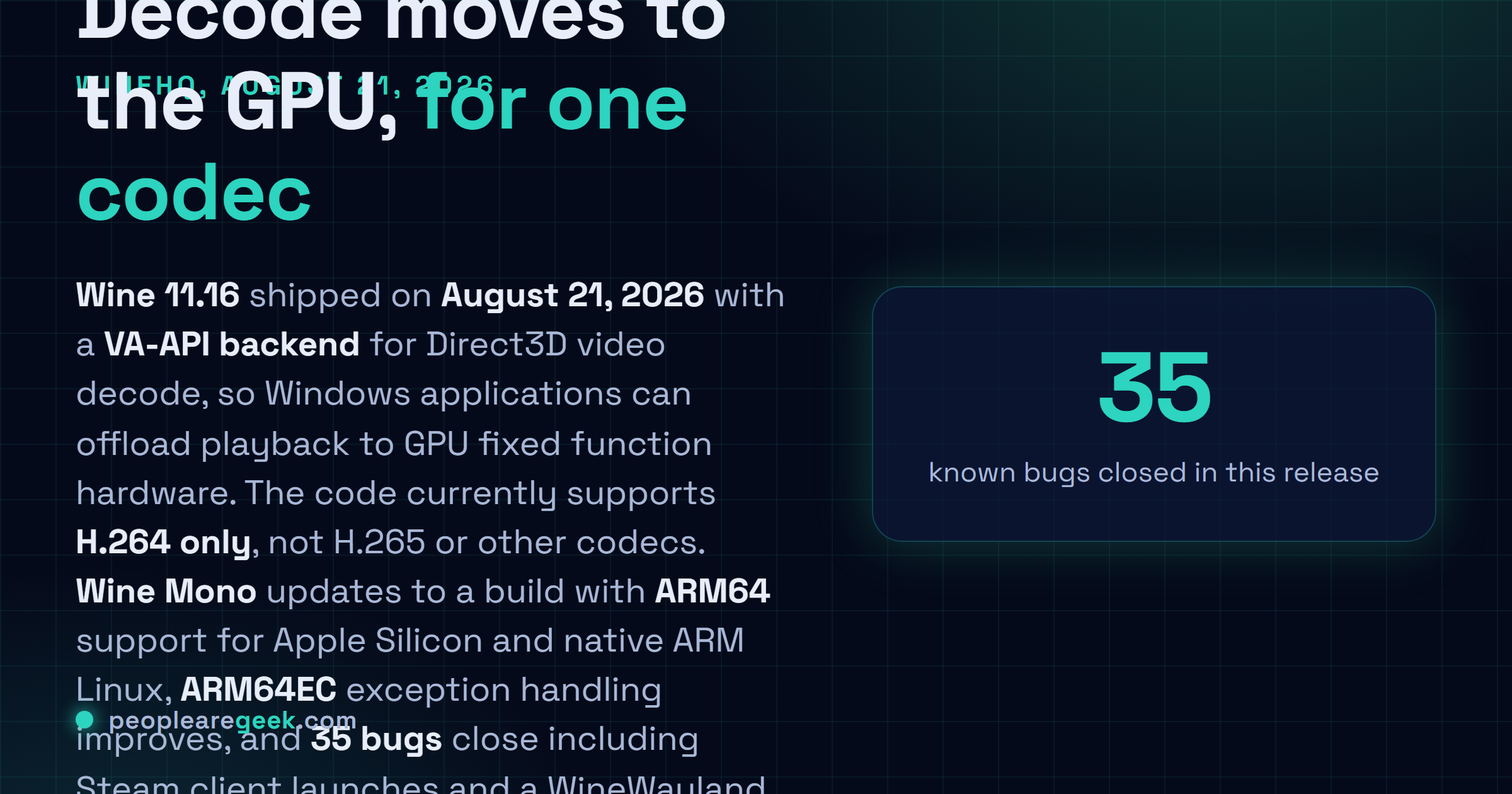 Answer card: Wine 11.16 was released on August 21 2026 with a VA-API backend for Direct3D hardware video decoding that currently supports H.264 only, an updated Wine Mono engine with ARM64 support, improved ARM64EC exception handling, and 35 bug fixes including the Steam client and a WineWayland regression.