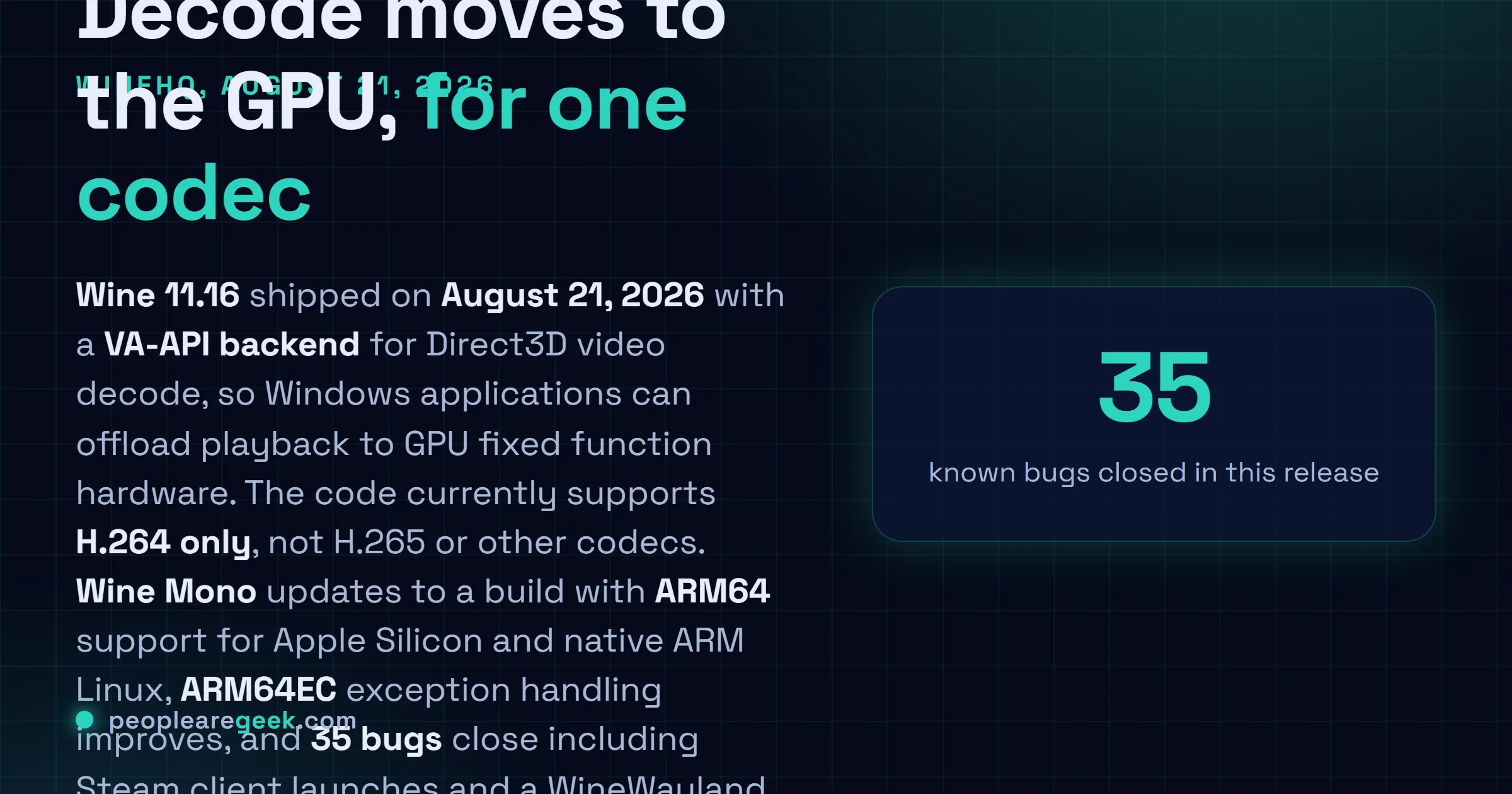Answer card: Wine 11.16 was released on August 21 2026 with a VA-API backend for Direct3D hardware video decoding that currently supports H.264 only, an updated Wine Mono engine with ARM64 support, improved ARM64EC exception handling, and 35 bug fixes including the Steam client and a WineWayland regression.