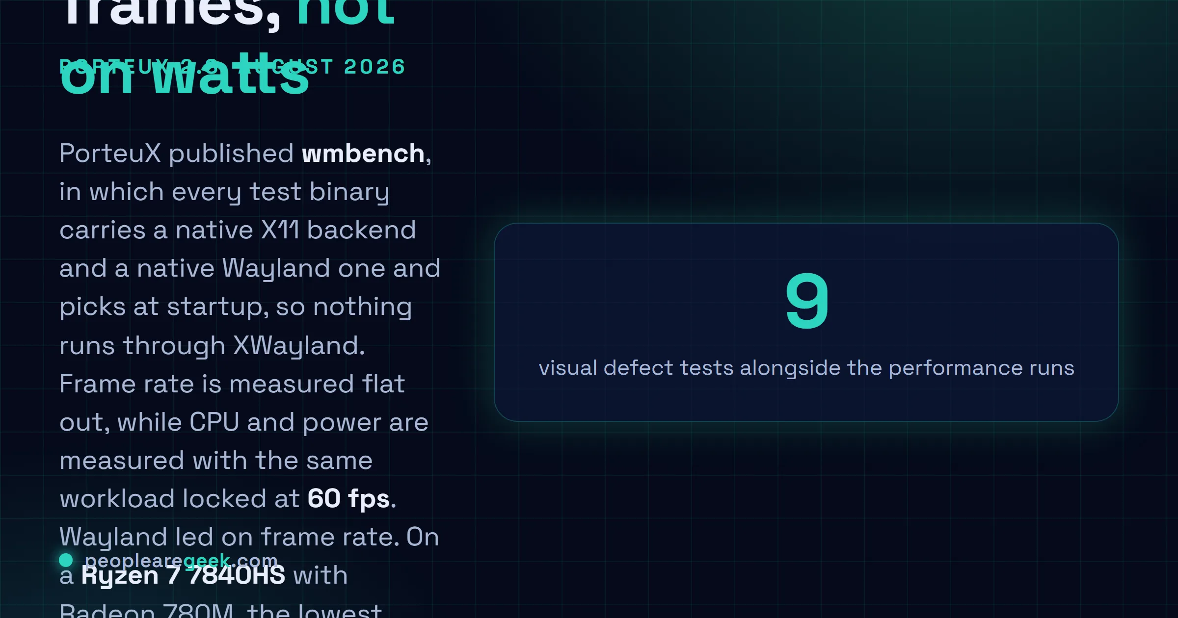 Answer card summarising the PorteuX wmbench results published in late August 2026: every benchmark binary carries both a native X11 and a native Wayland backend and chooses at startup, frame rate is measured flat out while CPU and power are measured with the workload locked at 60 frames per second, Wayland led on frame rate, and the lowest power and CPU came from LXDE with Openbox followed by Xfce with the xfwm4-gl fork.
