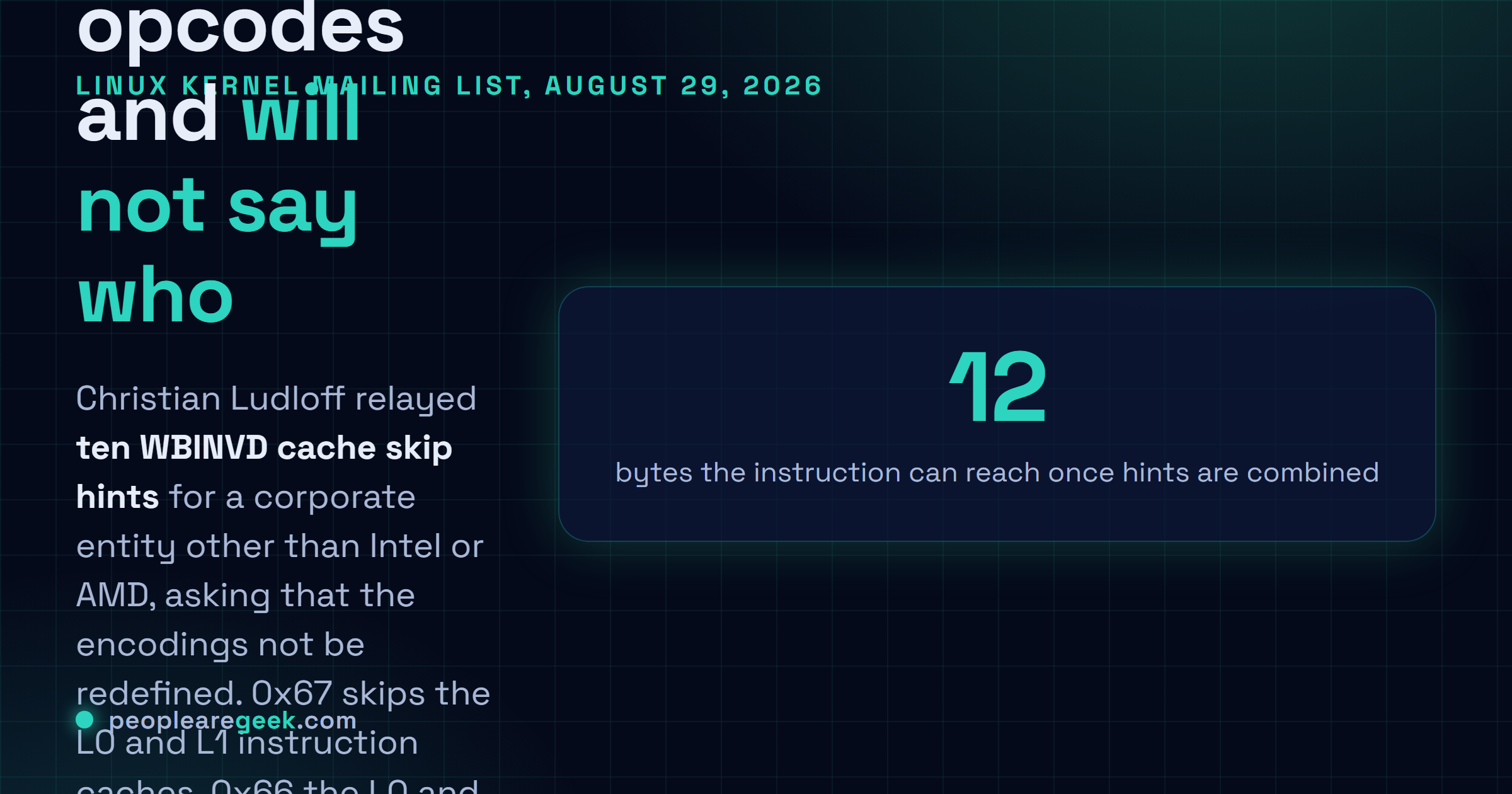 Carte expliquant la divulgation x86 d'août 2026 : de nouveaux indices WBINVD publiés sur la liste de diffusion du noyau Linux au nom d'un fondeur anonyme qui n'est ni Intel ni AMD.