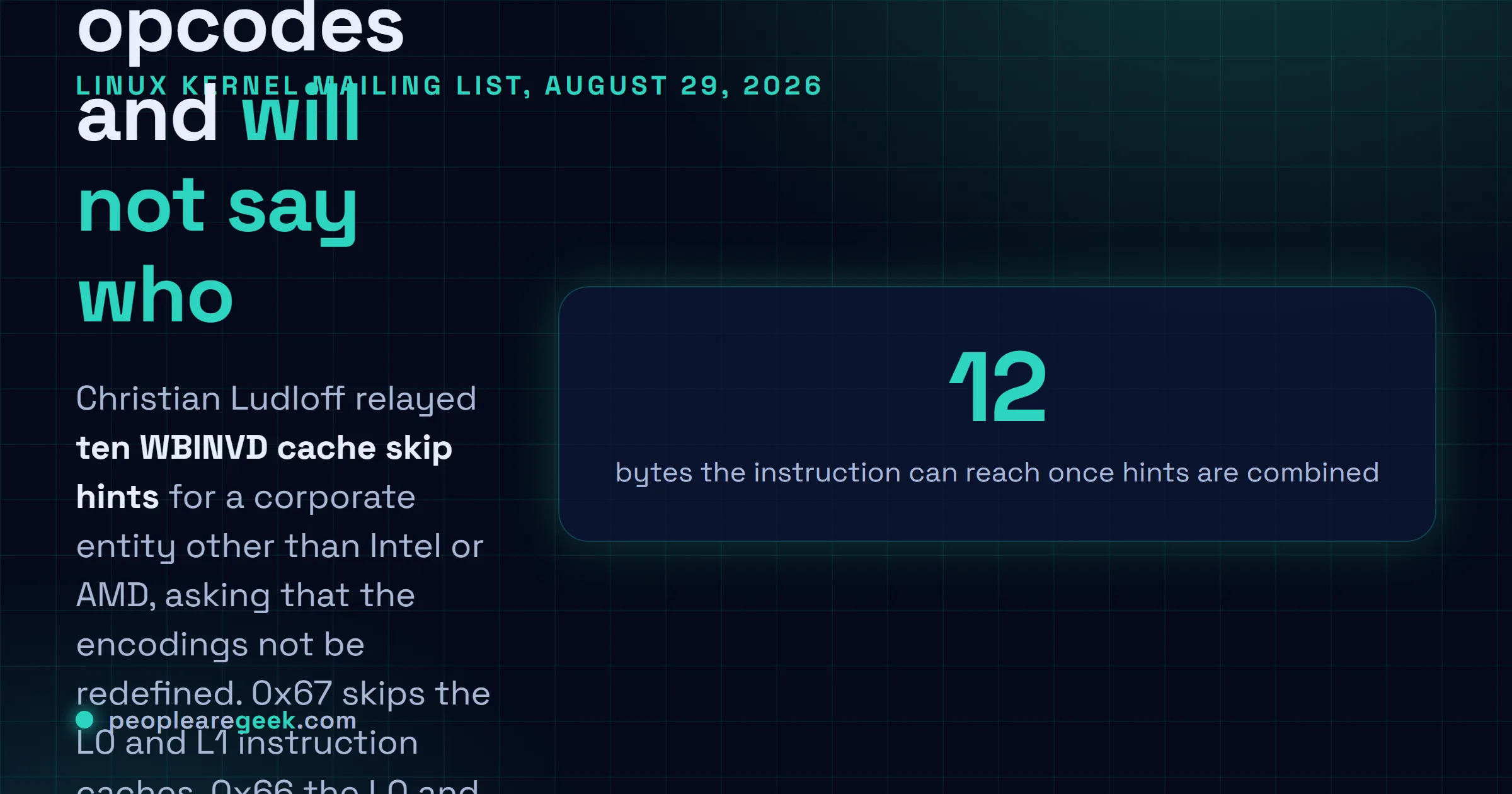Answer card explaining the August 2026 x86 disclosure: new WBINVD skip hints posted to the Linux kernel mailing list on behalf of an unnamed processor vendor that is neither Intel nor AMD.