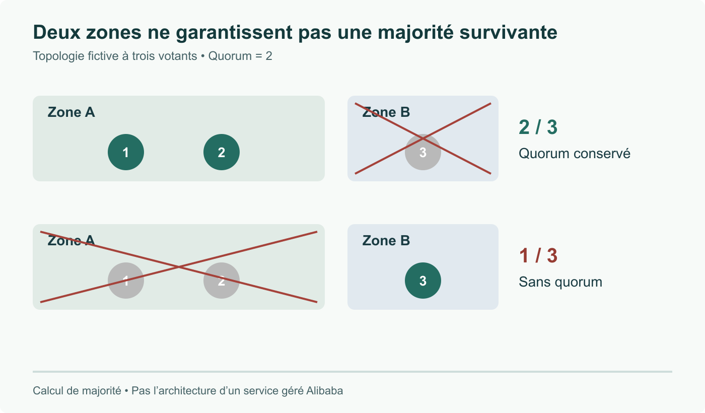 Trois votants répartis 2+1 entre deux zones exigent deux survivants. Perdre la zone à un membre conserve le quorum ; perdre celle à deux membres le supprime. Topologie fictive, pas un schéma de service Alibaba.