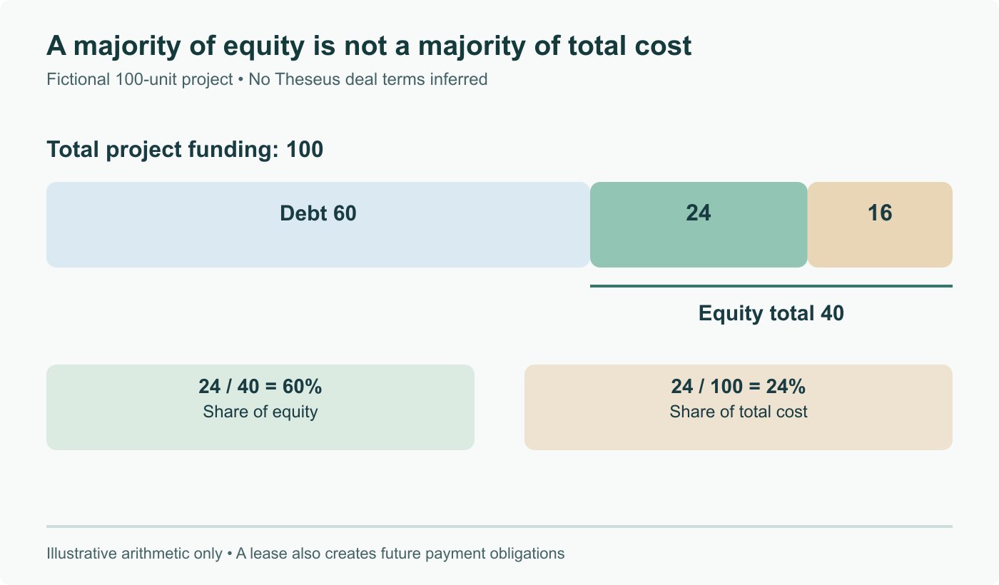 Fictional financing: total cost 100 = debt 60 + equity 40. A 24-unit contribution is 60% of equity but 24% of total cost. This illustrates the denominator; it does not describe Theseus financing terms.