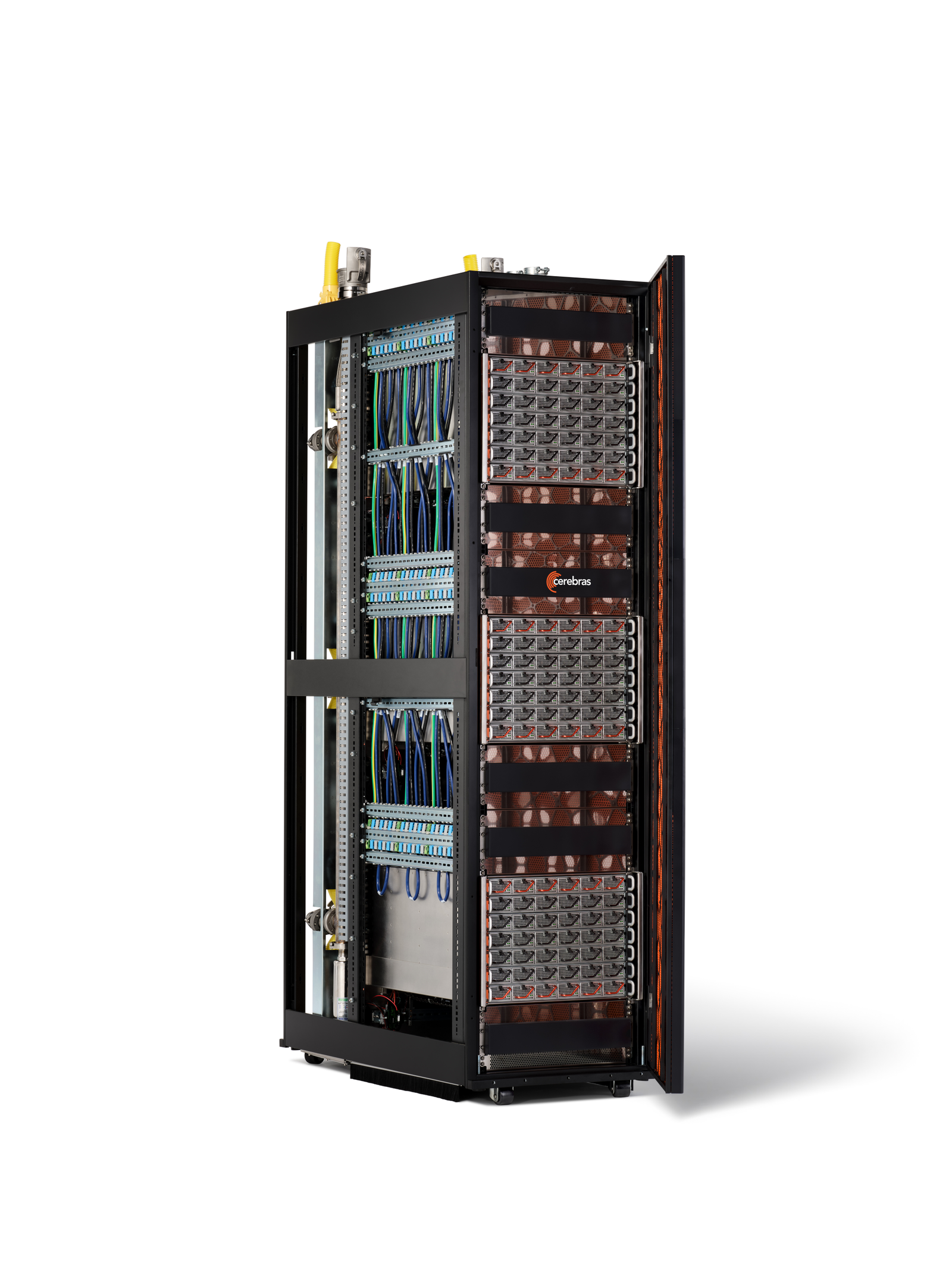 Official Cerebras CS-4 product visualization with front and side panels removed, from the CS-4 press kit. The rack contains three WSE-3T wafers; the image does not represent a benchmark or a particular customer installation.