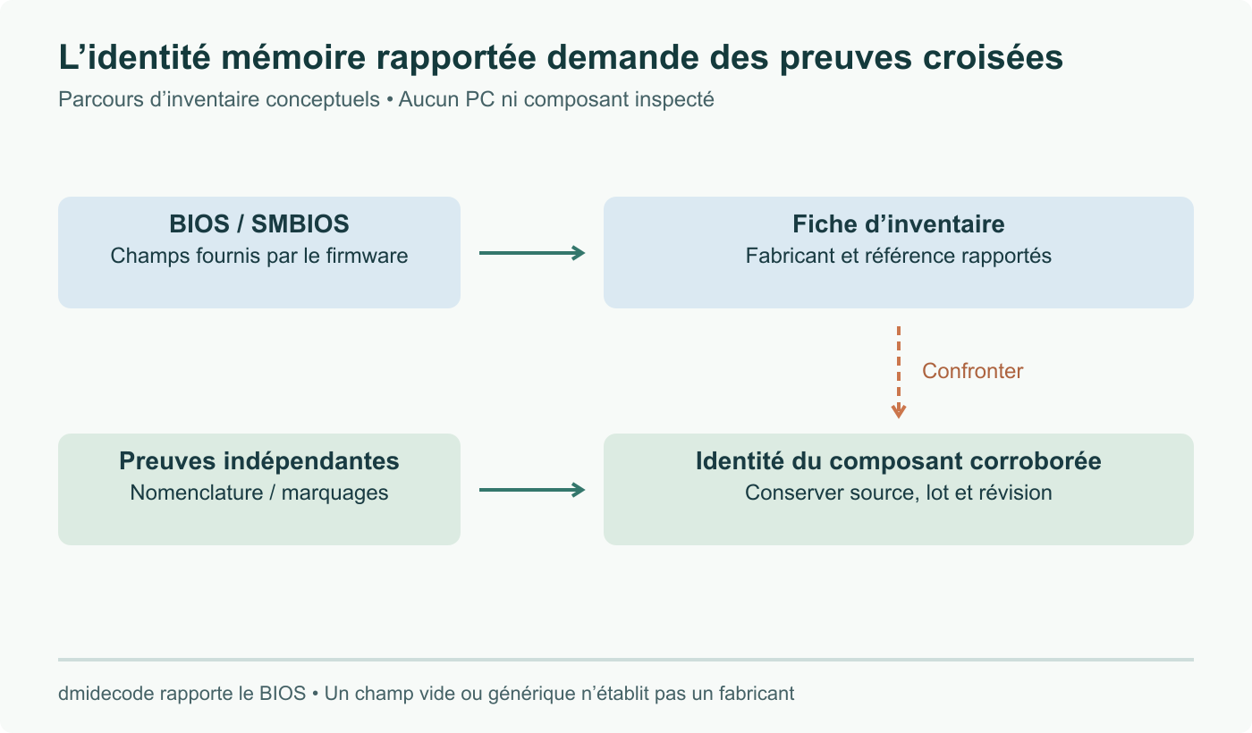 Parcours de preuve pour inventorier la mémoire : les champs BIOS/SMBIOS alimentent une fiche déclarative, à confronter à une nomenclature fournisseur ou une preuve physique. Le firmware n’inspecte pas indépendamment les puces DRAM.