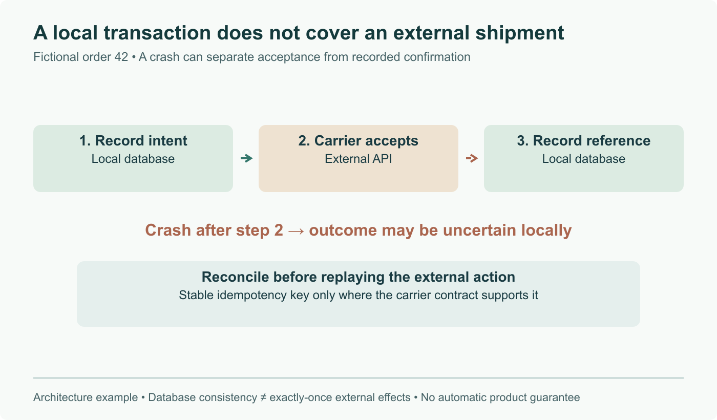 Fictional shipment workflow: local intent, external carrier acceptance, local confirmation. A crash between acceptance and confirmation leaves an uncertain outcome; retry needs reconciliation and an idempotency contract, not blind replay. Not a Databricks product guarantee.