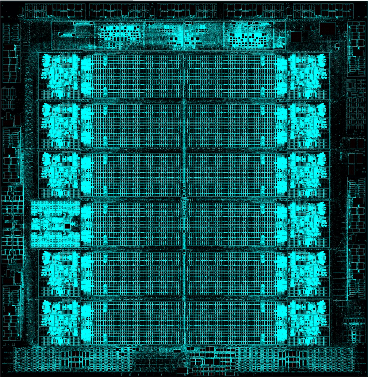 Official IBM chip layout image of the next generation dual architecture processor for IBM Z and LinuxONE, showing the repeated core blocks and cache arrays of a 2 nanometer design with 11 high performance cores.
