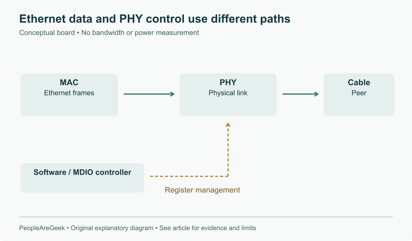Ethernet data passes between MAC, PHY and cable; MDIO separately manages PHY registers. Recognizing the PHY does not measure application throughput or validate the full board.