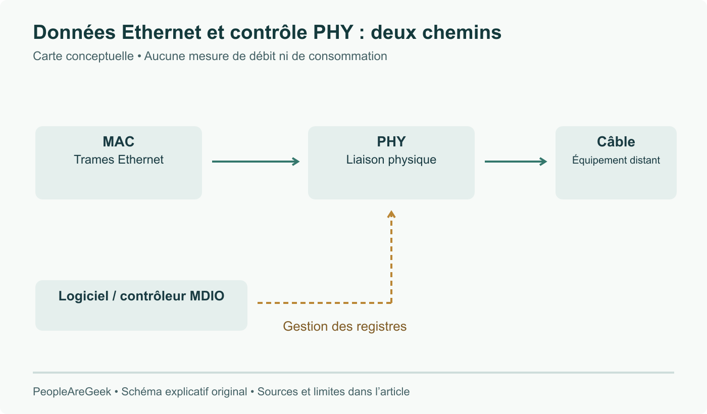 Les données Ethernet passent entre MAC, PHY et câble ; MDIO gère séparément les registres du PHY. Reconnaître le PHY ne mesure ni débit applicatif ni intégration complète.