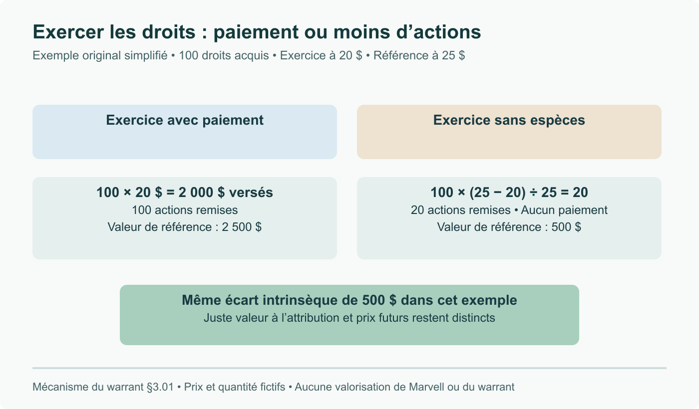 Exemple original simplifié : 100 droits acquis, prix d’exercice de 20 $, référence de 25 $. Avec paiement : 2 000 $ pour 100 actions ; sans espèces : 20 actions via (25−20)/25. Aucun cours ni valorisation Marvell réel.