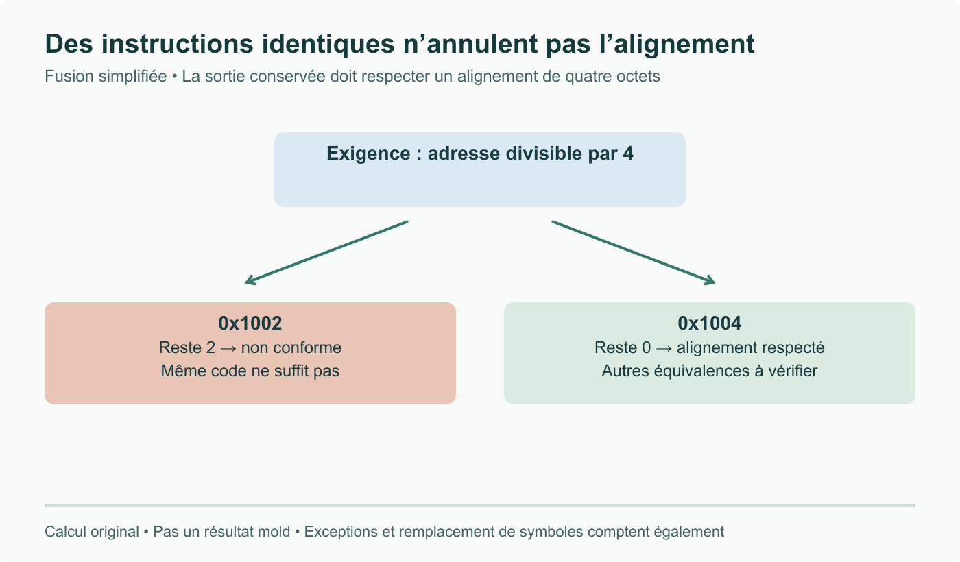 Alignement simplifié : une sortie fusionnée exigeant quatre octets ne peut commencer à 0x1002 (reste 2), mais 0x1004 convient (reste 0). Des instructions identiques ne suffisent pas à autoriser la fusion. Pas un résultat de test mold.