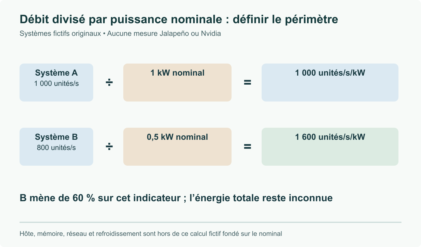 Exemple original : A produit 1 000 unités/s pour 1 kW nominal ; B en produit 800 pour 0,5 kW. Les débits normalisés valent 1 000 et 1 600 unités/s/kW. Ces valeurs fictives ne mesurent ni énergie complète ni Jalapeño.