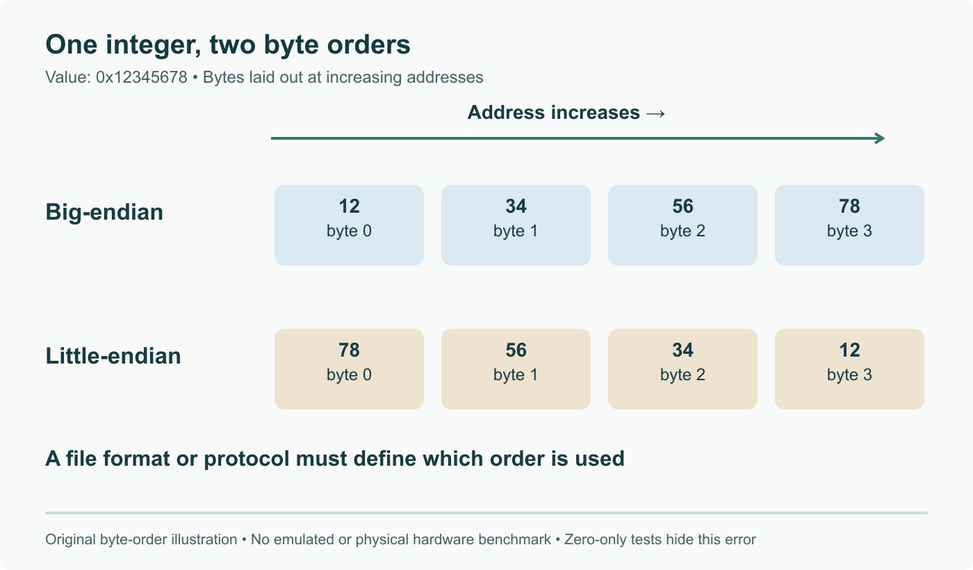 Integer 0x12345678 in increasing address order: big-endian bytes 12 34 56 78, little-endian 78 56 34 12. A file or protocol must define its order. Illustration of byte order, not a QEMU performance or compatibility test.