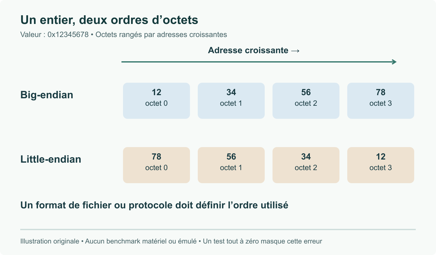 Entier 0x12345678 par adresses croissantes : big-endian 12 34 56 78, little-endian 78 56 34 12. Fichier ou protocole doit définir son ordre. Illustration des octets, pas un test de performance ou compatibilité QEMU.