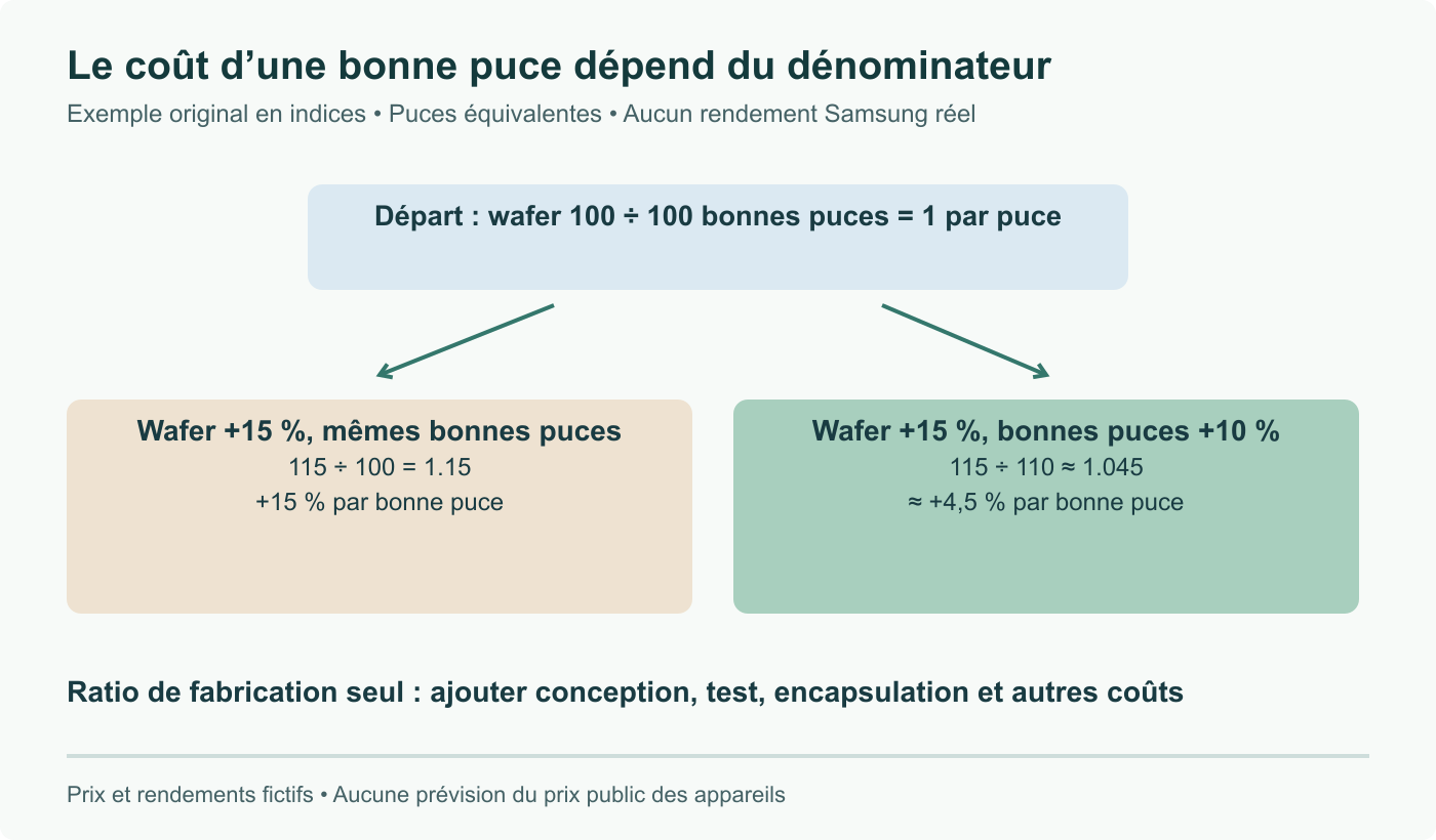 Exemple original en indices : wafer à 100 et 100 bonnes puces, soit 1 par puce. À 115, production inchangée : 1,15 ; avec 110 bonnes puces : environ 1,045. Puces équivalentes fictives ; encapsulation, test et conception exclus.