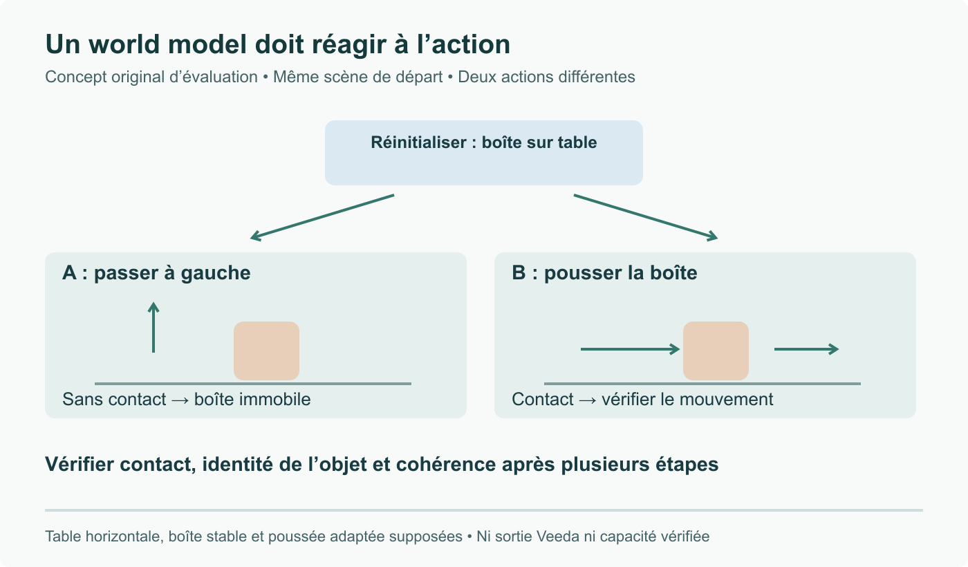 Concept original d’évaluation : repartir de la même boîte sur table, comparer un passage à gauche et une poussée. Vérifier contact et cohérence de l’état entre les branches ; ni sortie Veeda ni capture du produit.