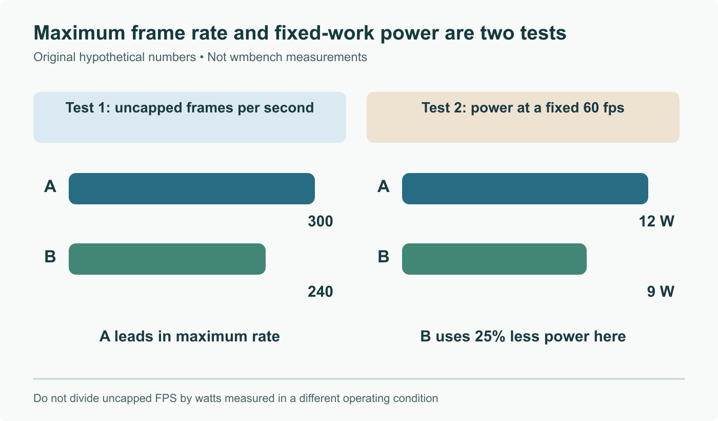 Original hypothetical sessions: A reaches 300 fps and B 240 fps uncapped; in a different 60 fps test A uses 12 W and B 9 W. B uses 25% less power there. Do not divide values from these different operating conditions.