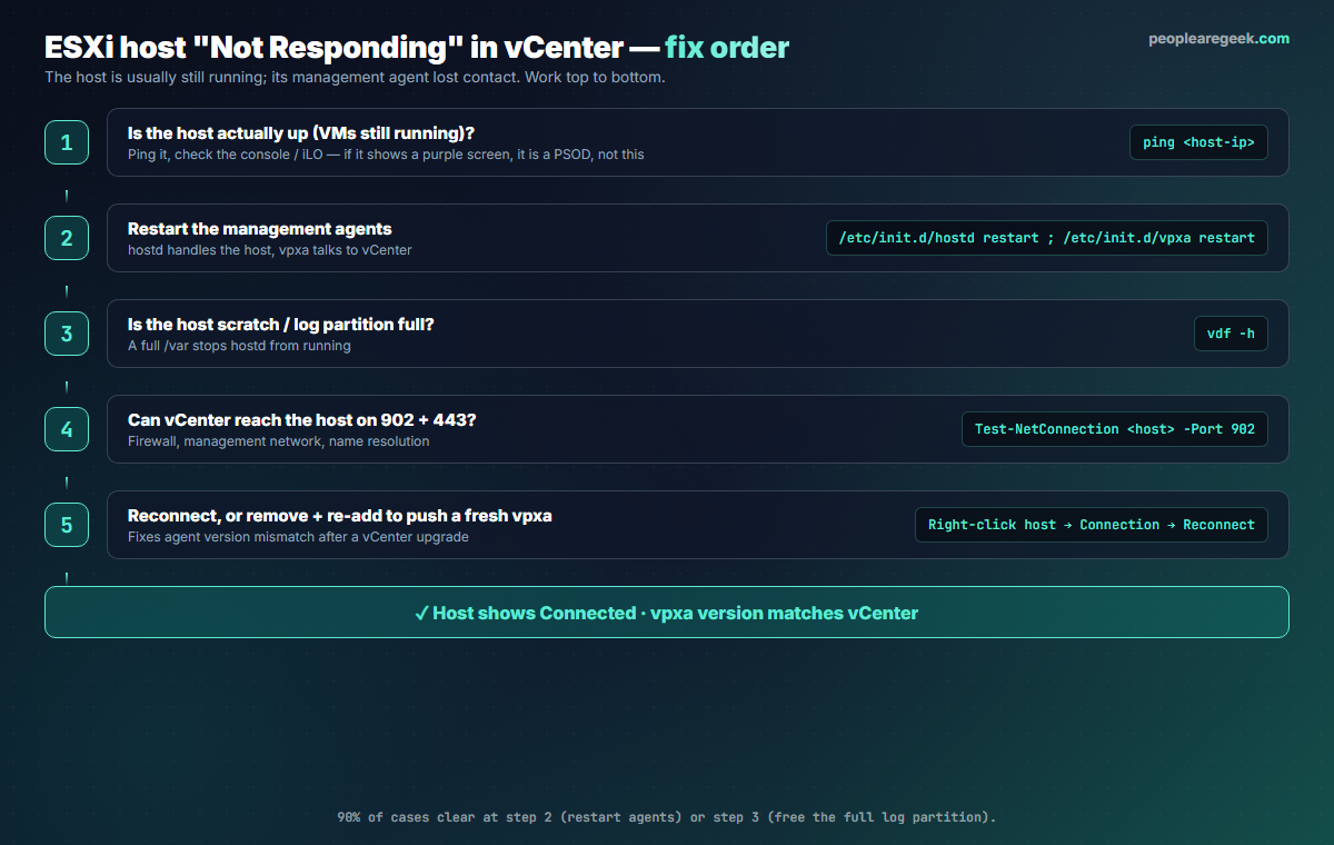 Decision tree for an ESXi host showing Not Responding in vCenter: check the host is actually up, restart the hostd and vpxa management agents, check the log partition is not full, confirm vCenter can reach the host on ports 902 and 443, then reconnect or re-add the host.