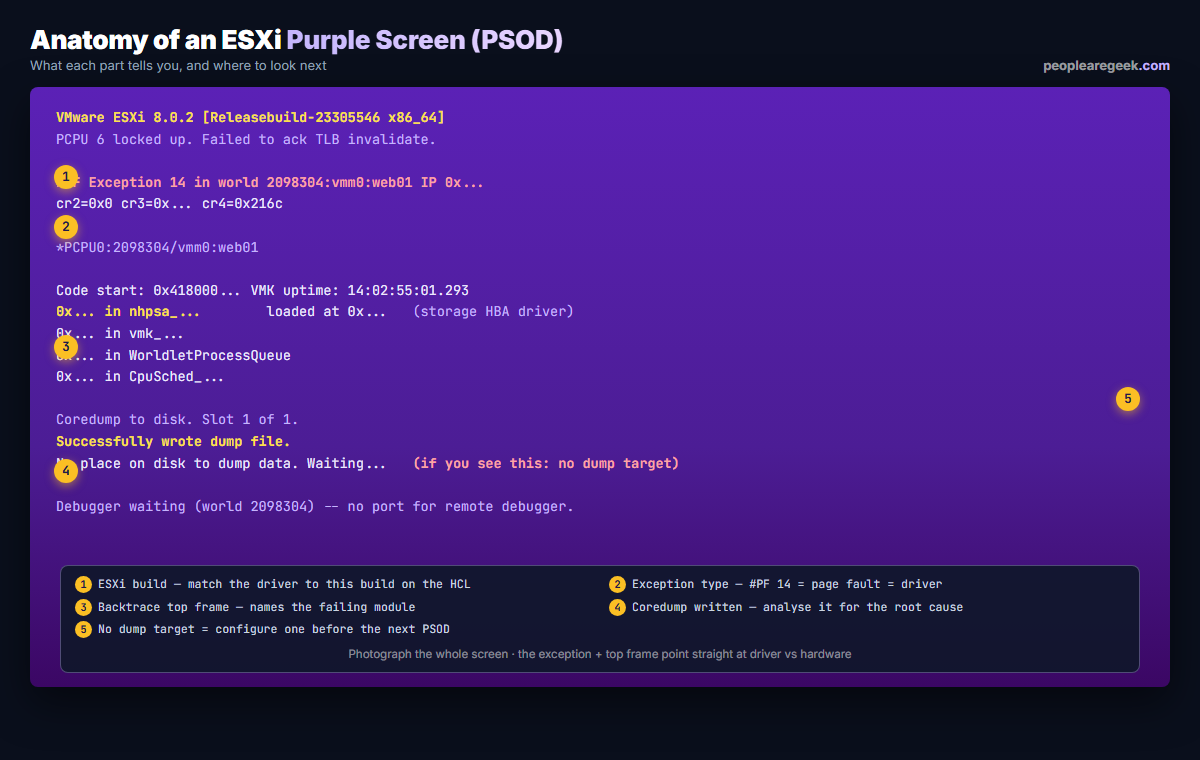 Annotated ESXi purple screen of death showing the five things to read: the ESXi build version, the exception type (#PF Exception 14 = page fault = driver), the backtrace top frame naming the failing storage HBA driver, the coredump written confirmation, and a warning when no dump target is configured.
